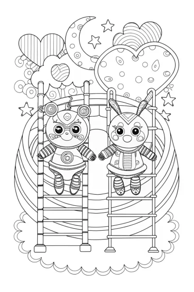 Heart-Powered Robot Friends Coloring Page