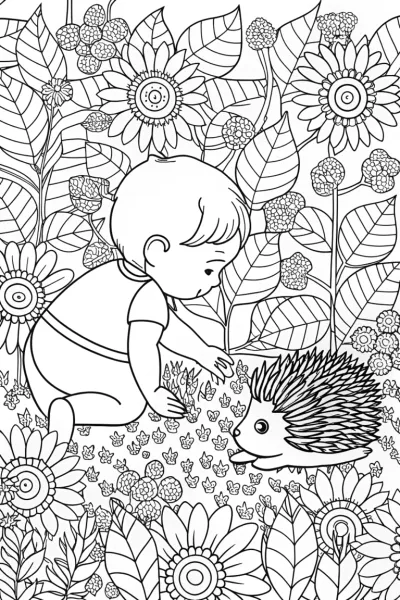 Baby exploring the garden with hedgehog