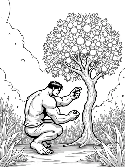 Hulk watering alien fruit trees