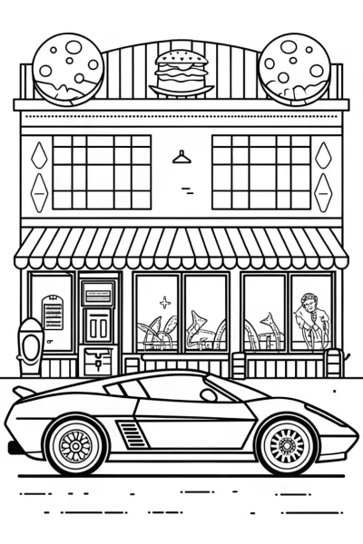 Lamborghini Adventure in a Retro Diner Coloring Page