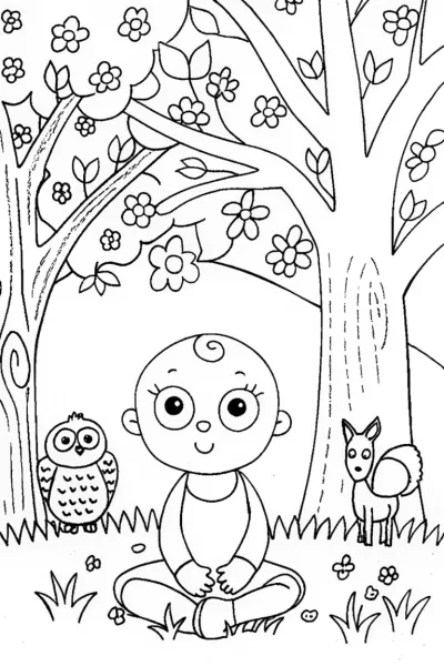 Baby’s cheerful forest exploration coloring page