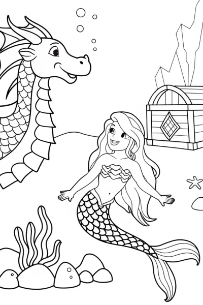 Mermaid and the Guardian Sea Dragon Coloring Page