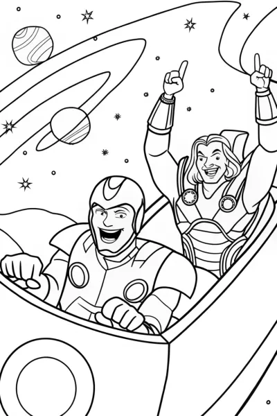 Avengers on a Cosmic Roller Coaster Coloring Page