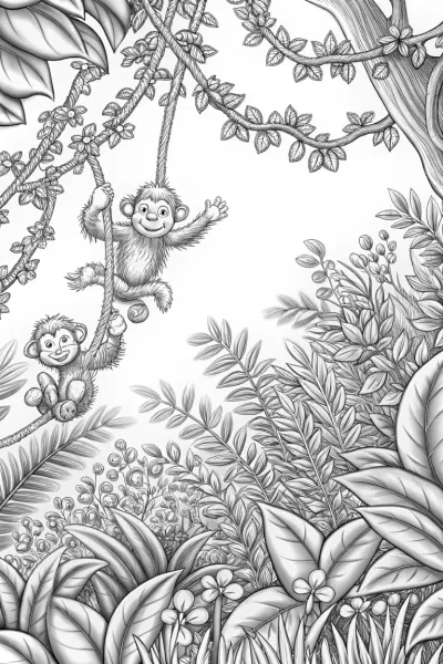 Monkeys swinging in summer trees