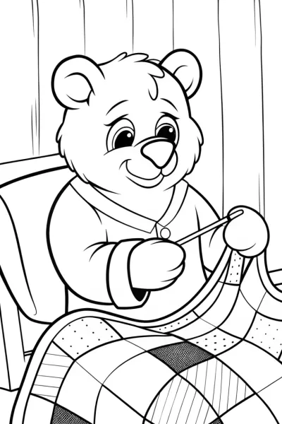 Bear sewing a colorful quilt