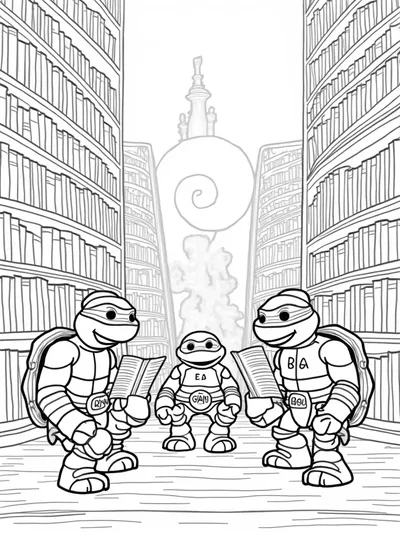 Teenage Mutant Ninja Turtles in a library