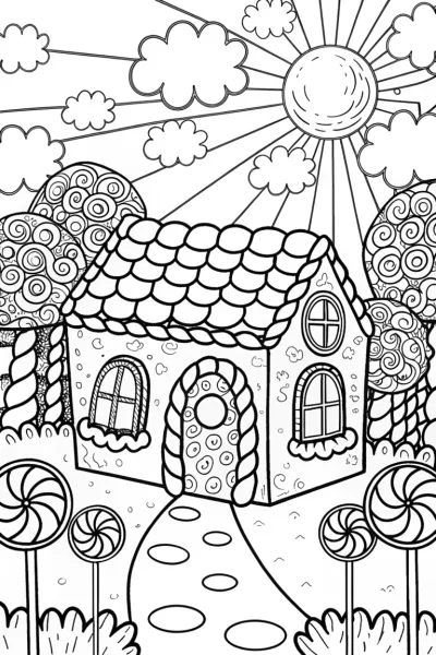 Gingerbread House in a Candy Garden Coloring Page