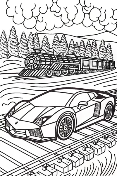 Lamborghini Adventure on Vintage Train Tracks Coloring Page