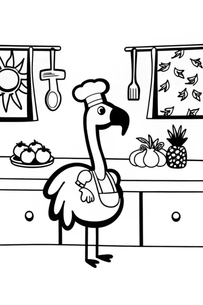Flamingo Chef in a Tropical Kitchen Coloring Page