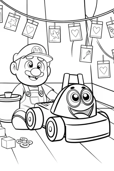 Mario’s Mechanical Kart Workshop Coloring Page