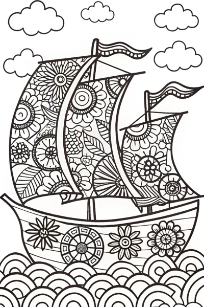 The Adventurous Floral Ship Coloring Page