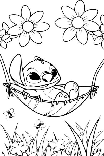 Stitch’s Cozy Garden Retreat Coloring Page