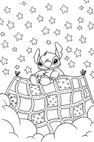 Stitch’s Cosmic Quilt Adventure Coloring Page