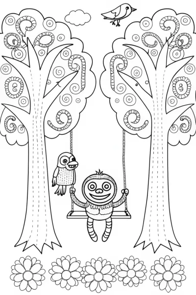 Huggy Wuggy’s Tree Swing Coloring Page