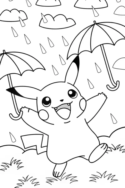 Pikachu’s Rainy Day Adventure Coloring Page