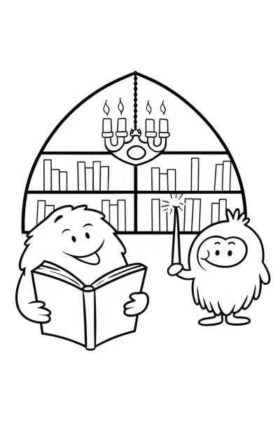 Monster Magic in the Library Coloring Page