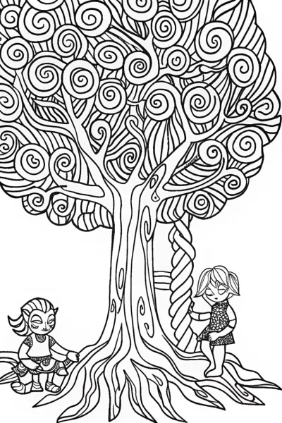 League of Legends Coloring Page with Magical Tree