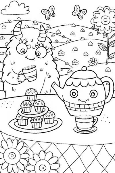 Monster Tea Party Coloring Page