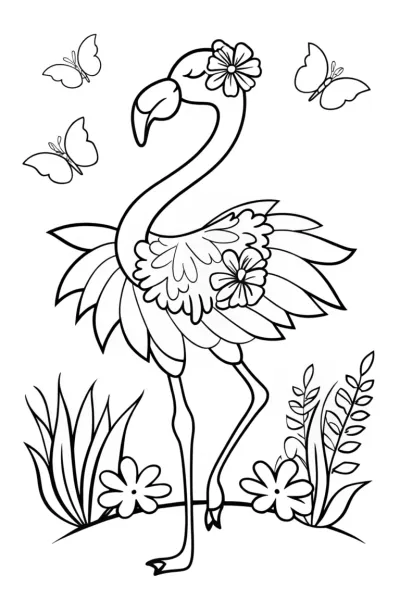 Flamingo Fashionista in a Tropical Garden Coloring Page