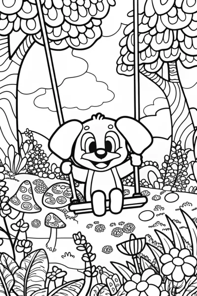 Puppy in the Enchanted Swing Coloring Page