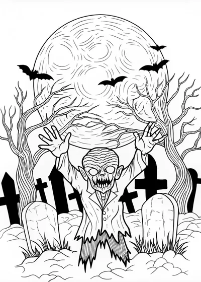 Zombie Rises Under a Full Moon in the Graveyard