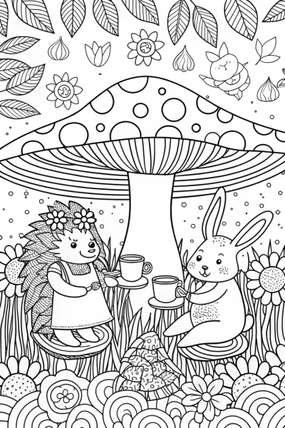 Hedgehog and Rabbit Tea Party Coloring Page