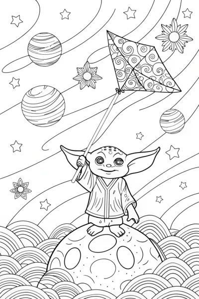 Baby Yoda’s Stellar Kite Journey Coloring Page